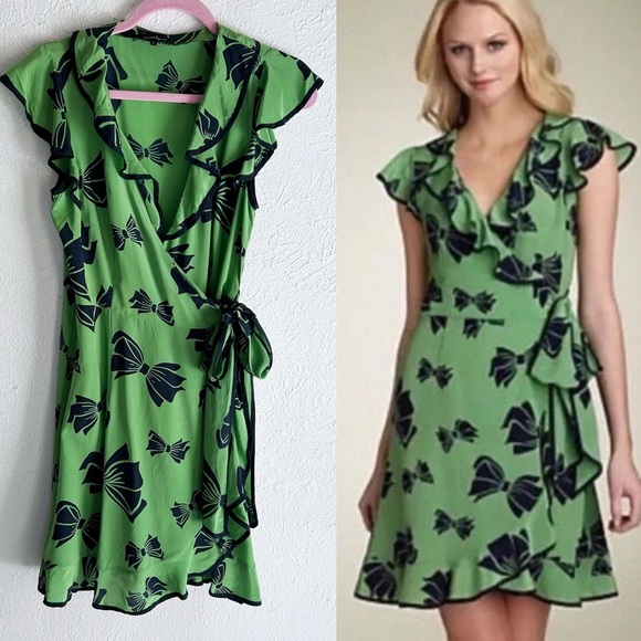 Nanette Lepore Silk Wrap Dress Bow Print Y2K Sz 6 Miley Cyrus - Picture 1 of 7